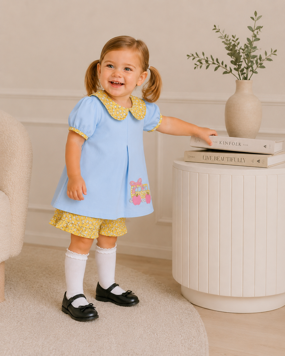 Children's blue dress and yellow patterned ruffle shorts set worn with black shoes and white socks