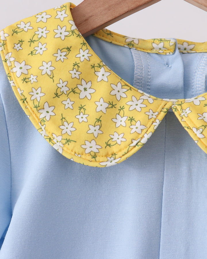 Girls light blue dress top with yellow flower-patterned ruffle collar applique