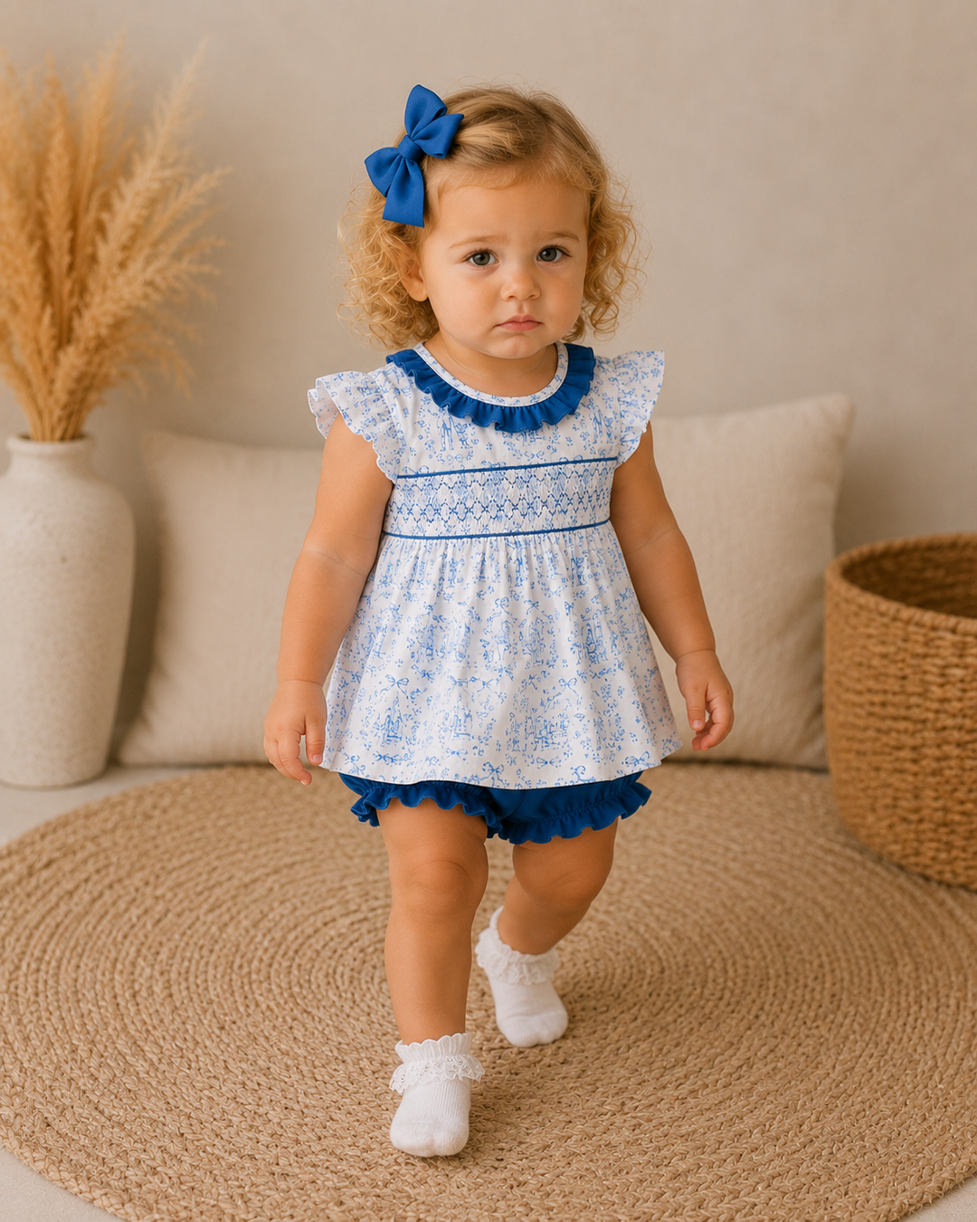 Young child wearing a blue and white dress with a ruffled top and skirt, standing on a textured rug.