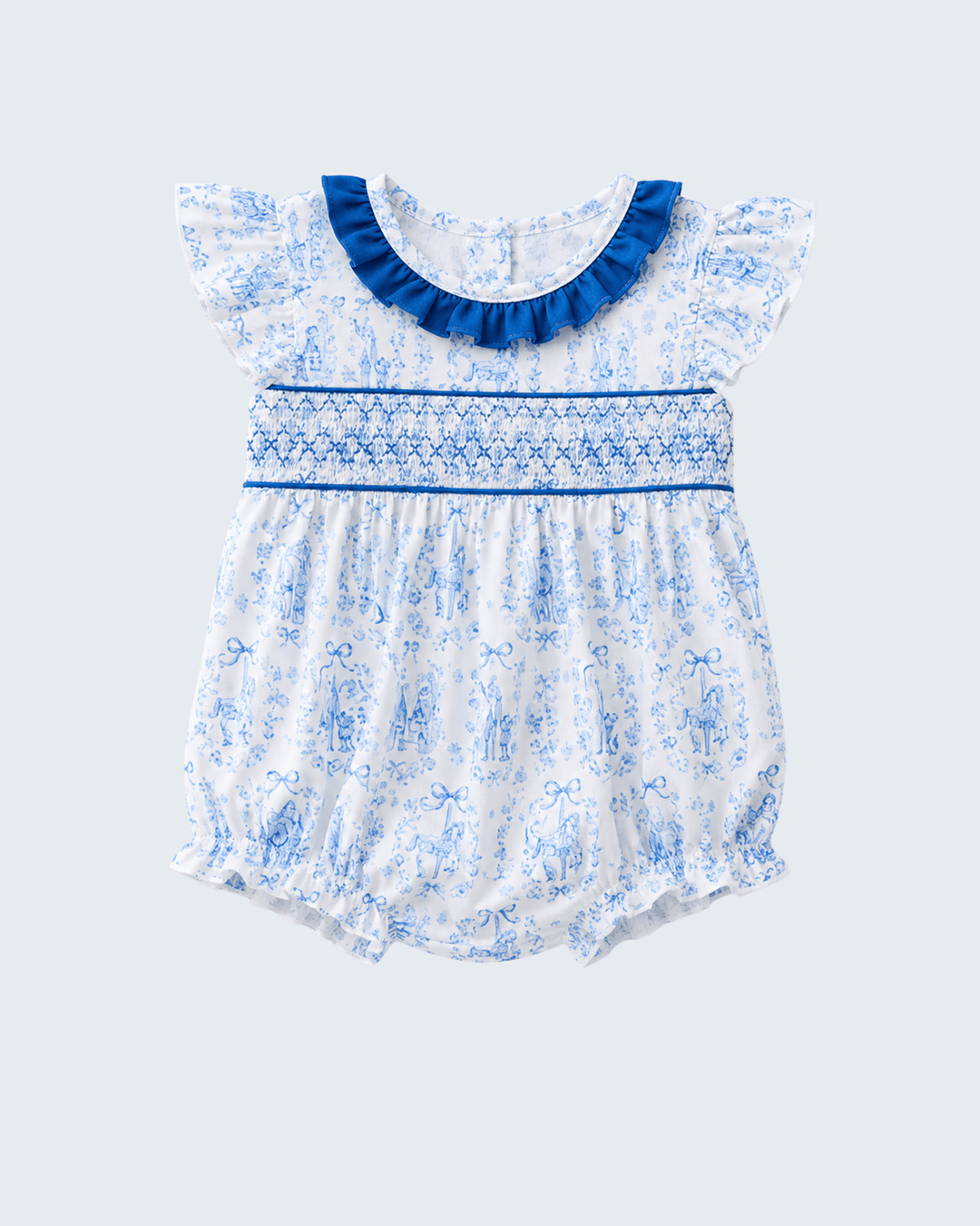 Baby romper in blue on light grey background