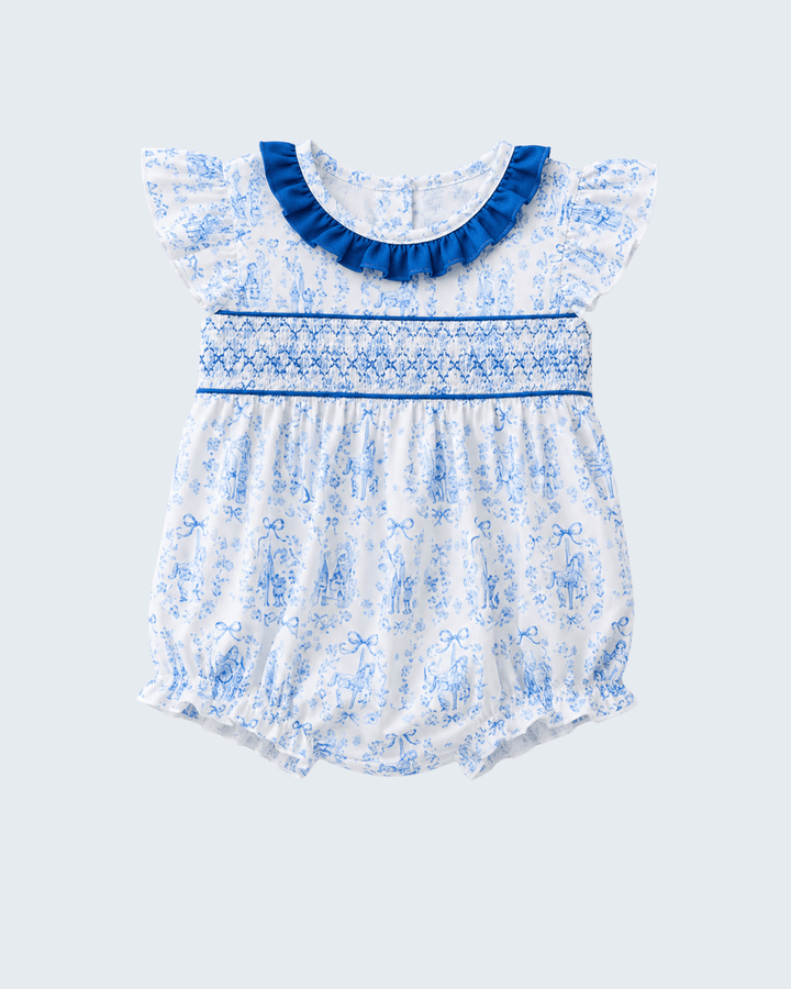 Baby romper in blue on light grey background