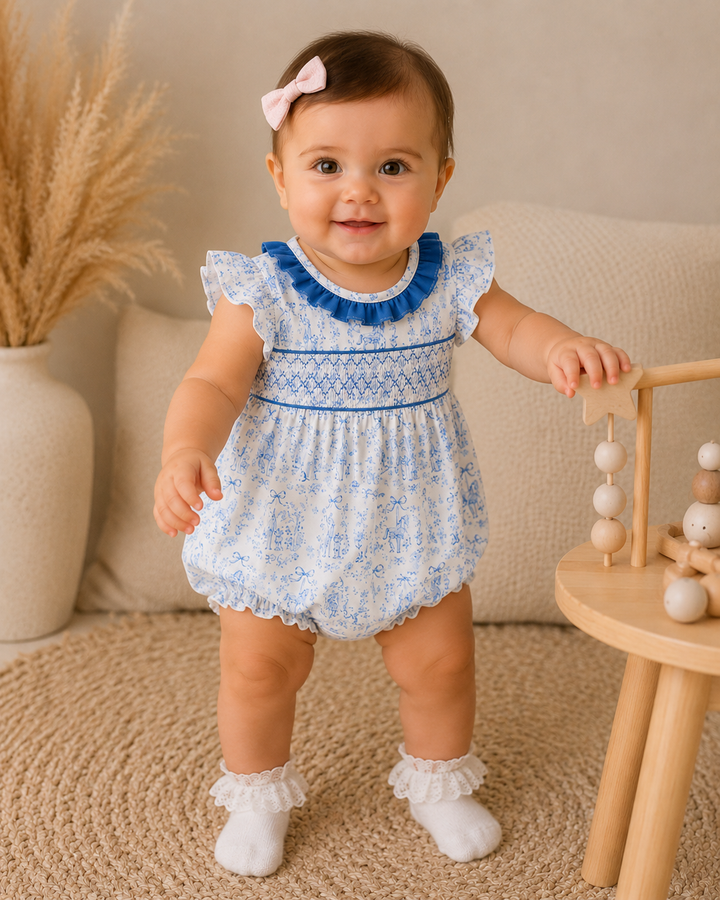 Baby girl standing holding on to wooden toy in neutral setting
