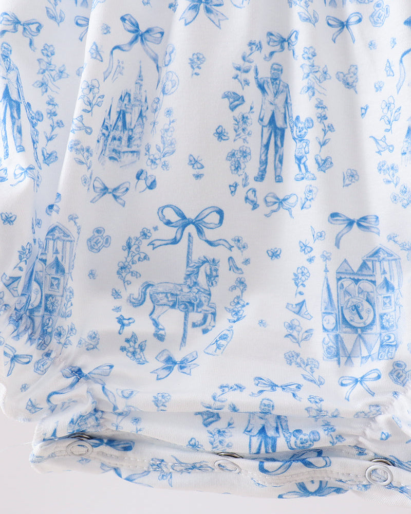 White fabric with blue vintage-style pattern featuring horses, houses, and bows.