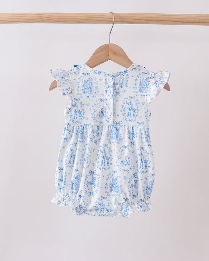 Floral-patterned baby romper on a hanger against a plain background