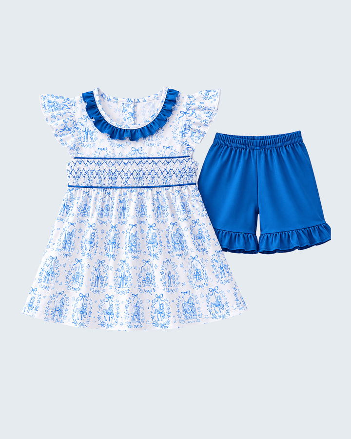 Blue Castle Smocked Ruffle Shorts Set for girls on light grey background