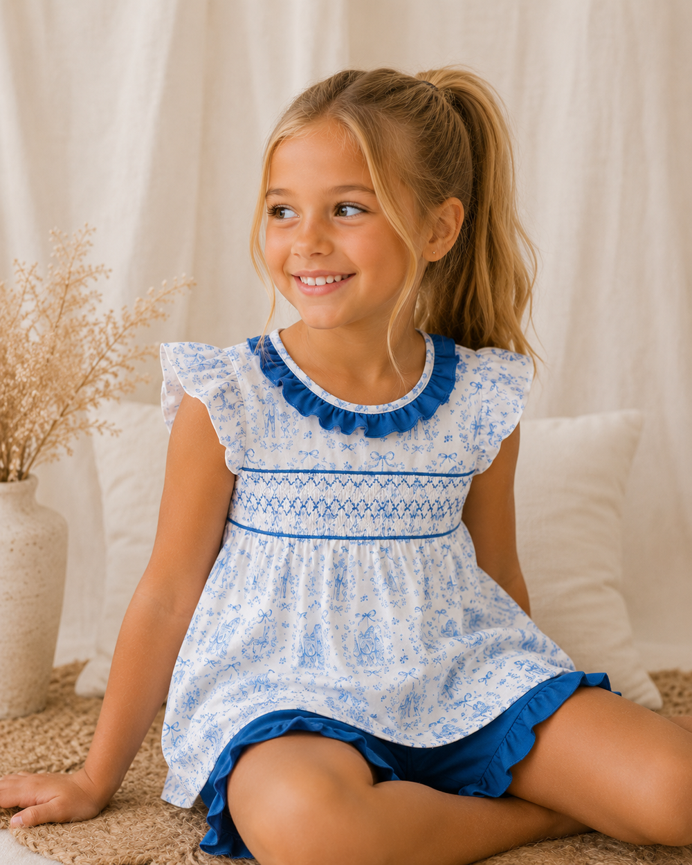Young girl sitting on the floor with a white pillow behind white curtains