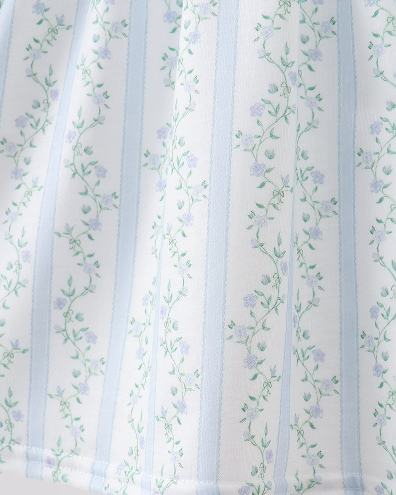 Dress with floral pattern and blue vertical stripes on a white background