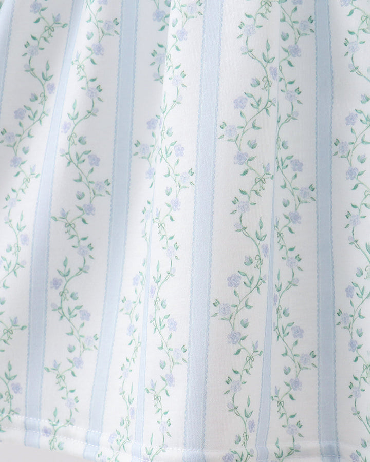 Dress with floral pattern and blue vertical stripes on a white background