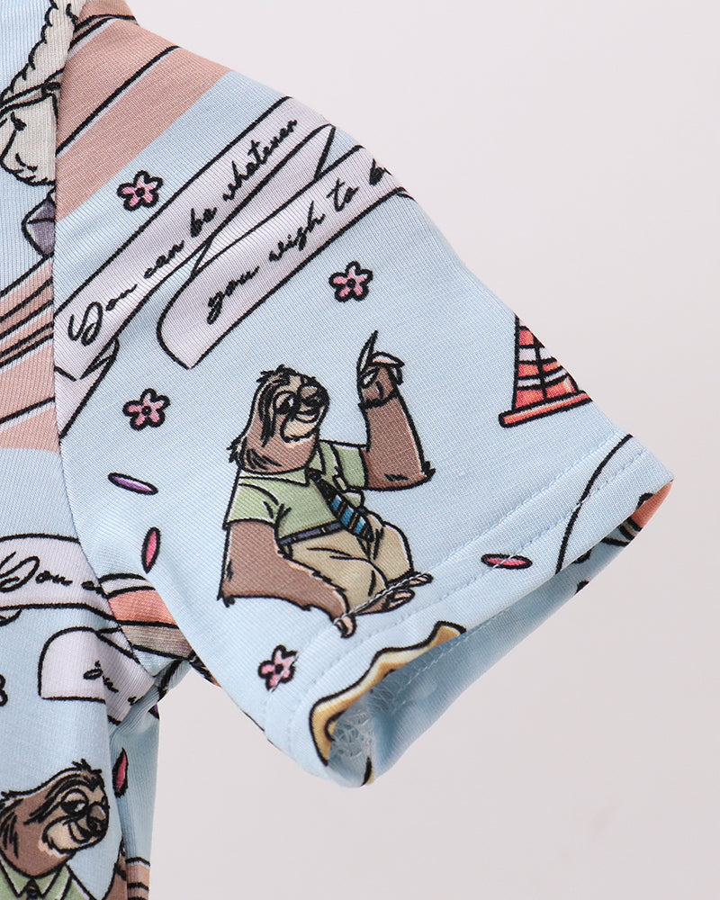 Light blue romper sleeve with animal graphic and logo text