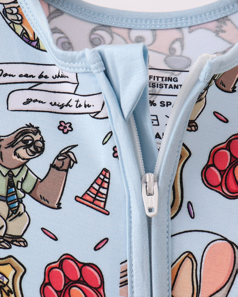 Light blue romper neckline with front zipper and cartoon dog patch