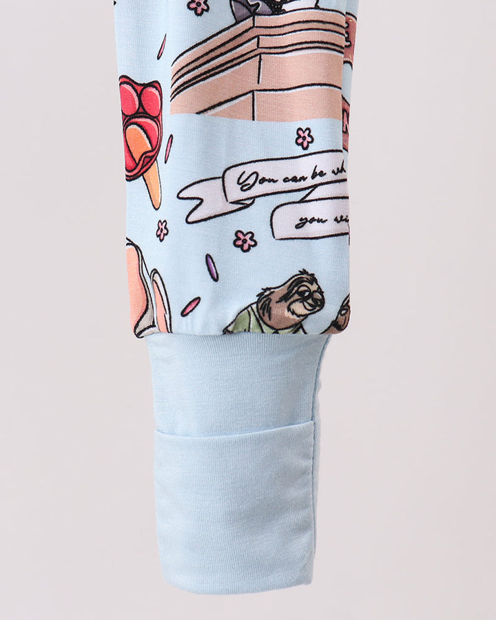 Light blue bamboo romper with character print leg and contrast border detail
