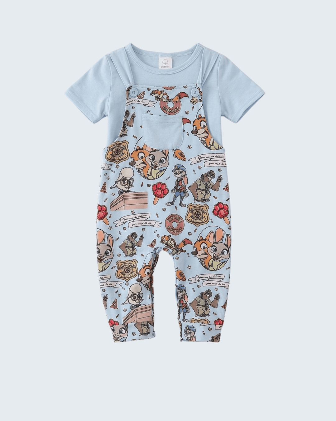 A baby short-sleeve jumpsuit featuring a light blue base with a colorful cartoon character print on the bib and legs, displayed flat against a light gray background.
