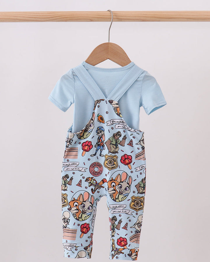 Light blue bamboo romper set with character print, front pocket and short sleeves