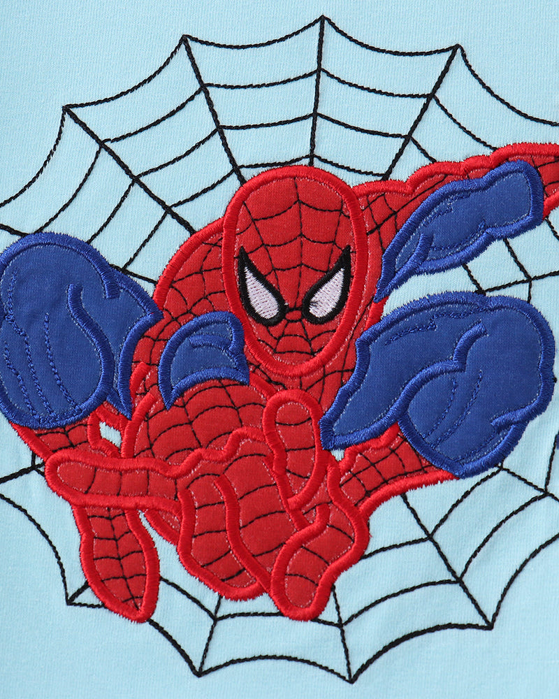 Light blue T-shirt with red and blue character spiderweb embroidery on chest