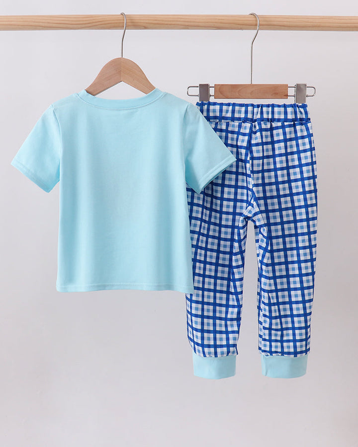 Kids 2-piece outfit with light blue plain T-shirt and blue plaid pants set