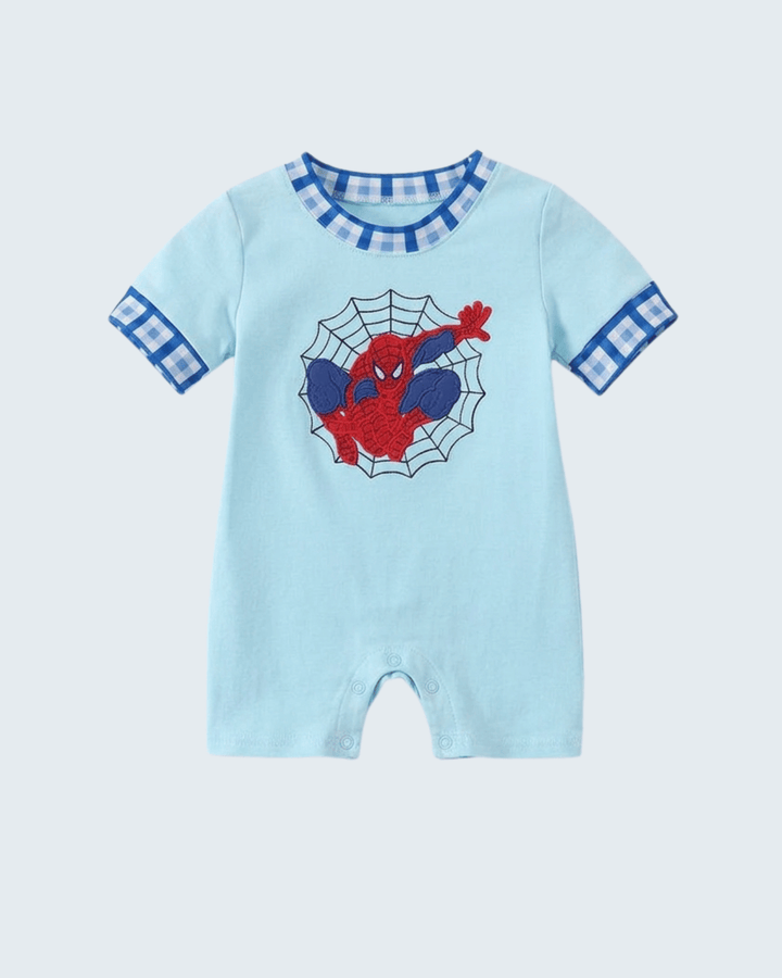 A baby short-sleeve romper in light blue, featuring a Spider-Man graphic on the chest and blue-and-white gingham trim on the collar and sleeve cuffs, shown against a light gray background.