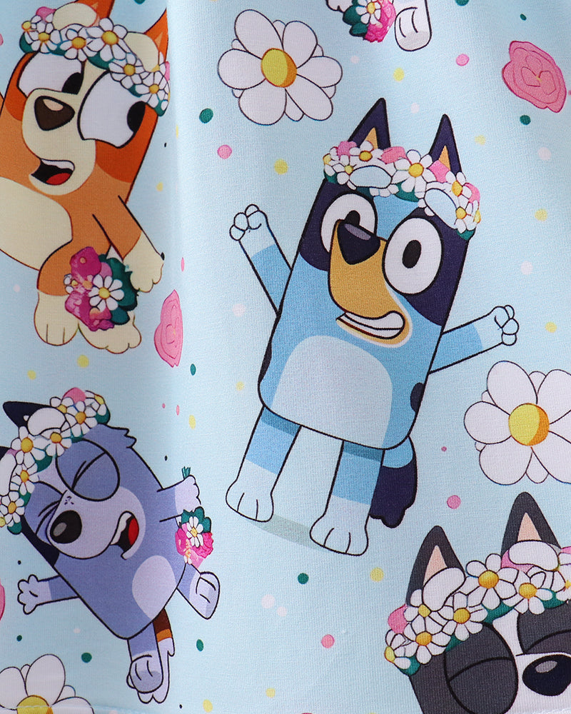 Cartoon characters with floral headbands on a light blue background