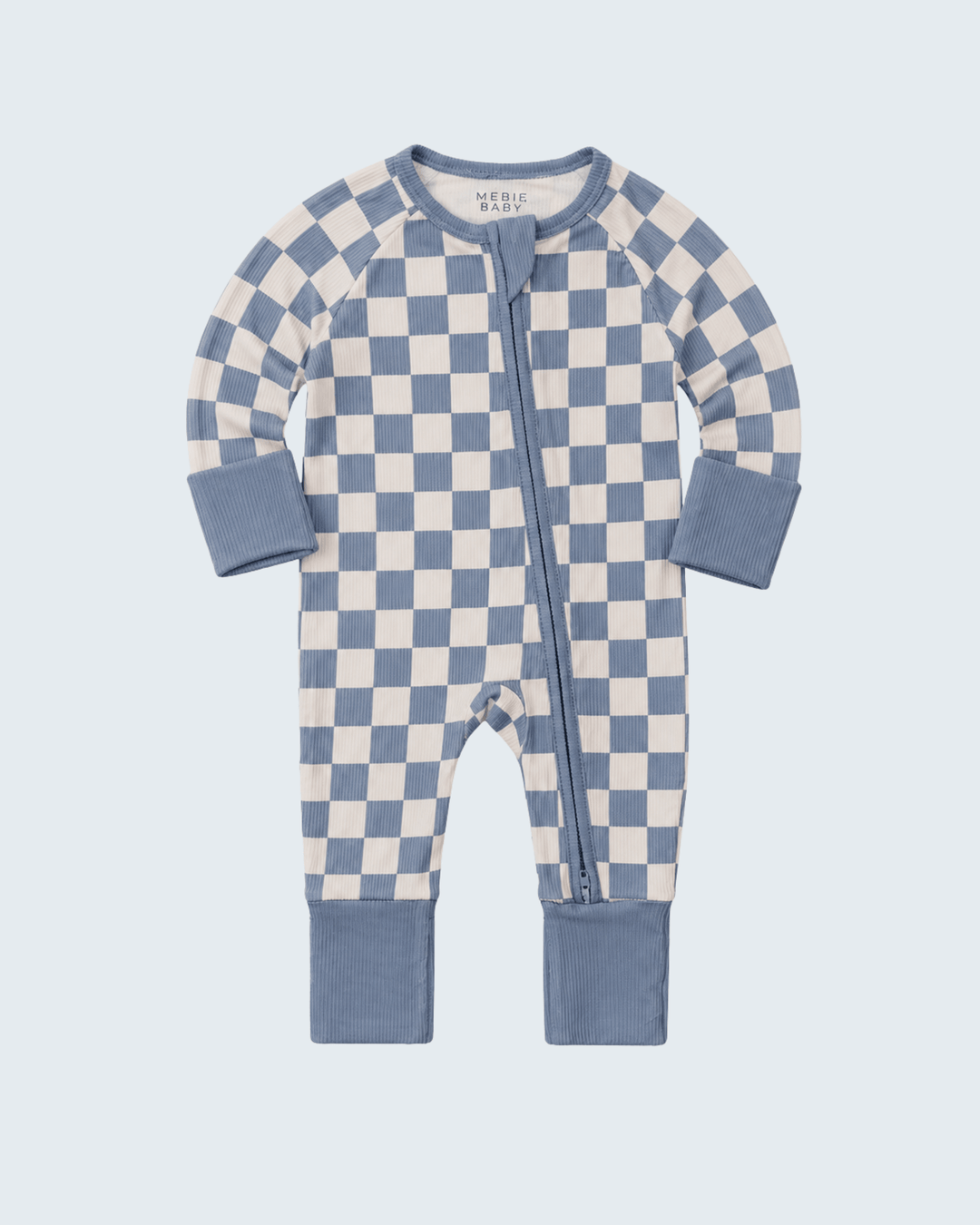 Blue and white checkered long-sleeve romper with front zipper and ribbed cuffs