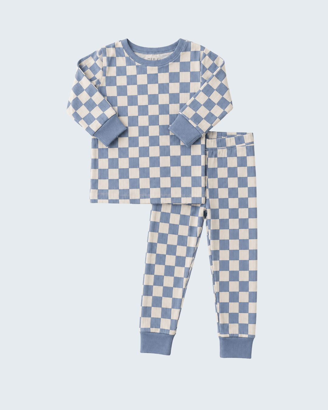 Blue and cream checkered ribbed bamboo pajama set, long-sleeve top and pants