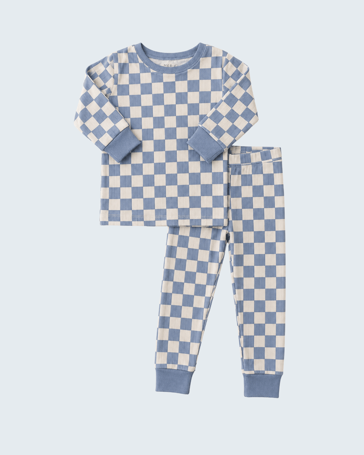 Blue and cream checkered ribbed bamboo pajama set, long-sleeve top and pants