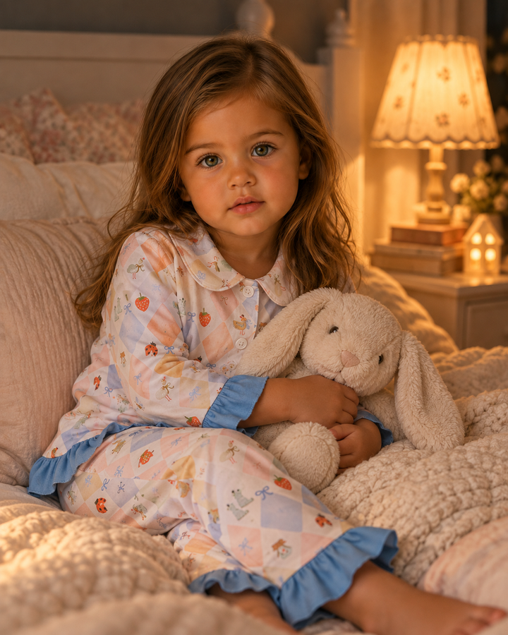Kids pajama set: printed button shirt with blue ruffle cuffs and matching ruffle hem pants