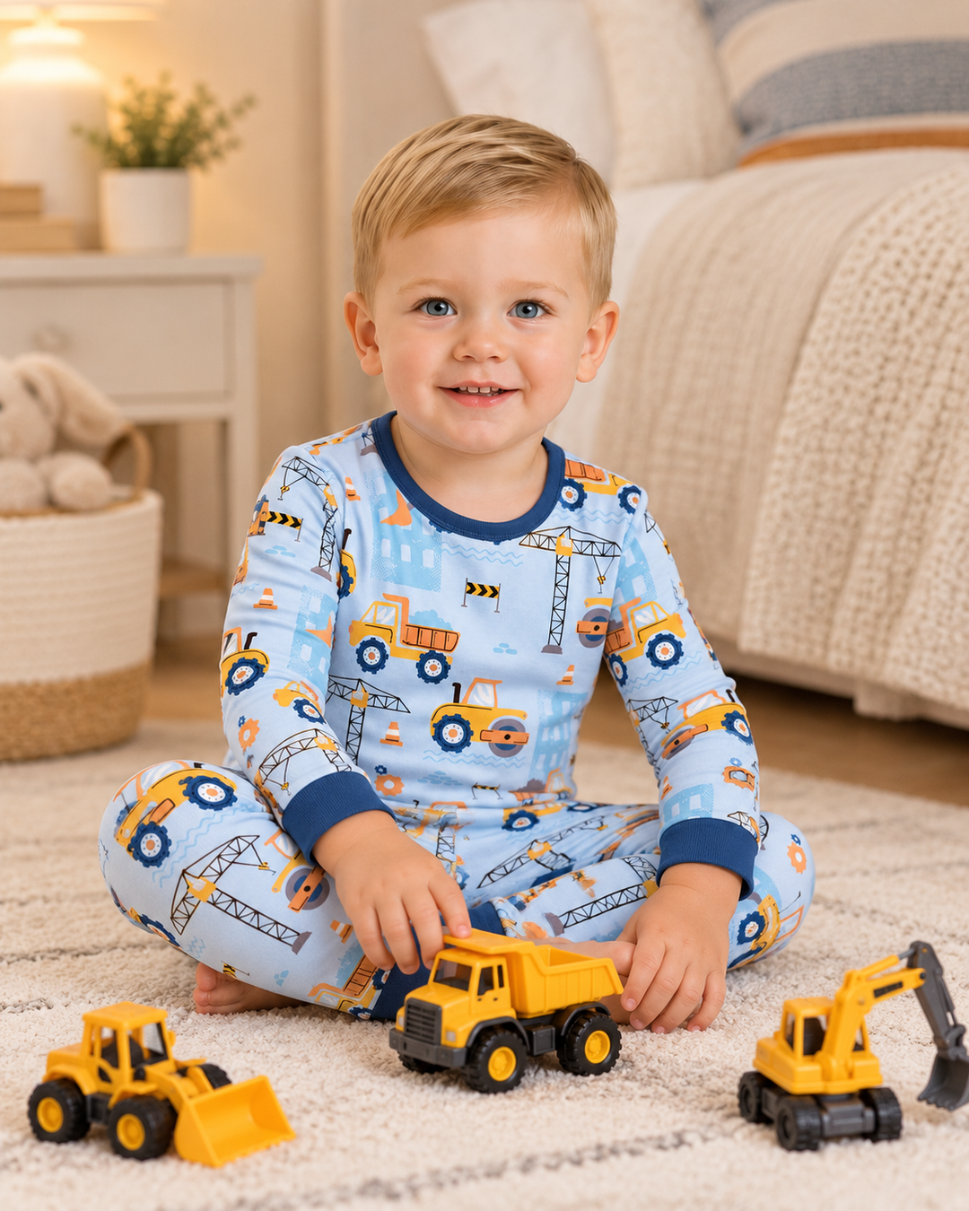 Toddler boy is wearing a Blue Construction Trucks Bamboo Pajama Set