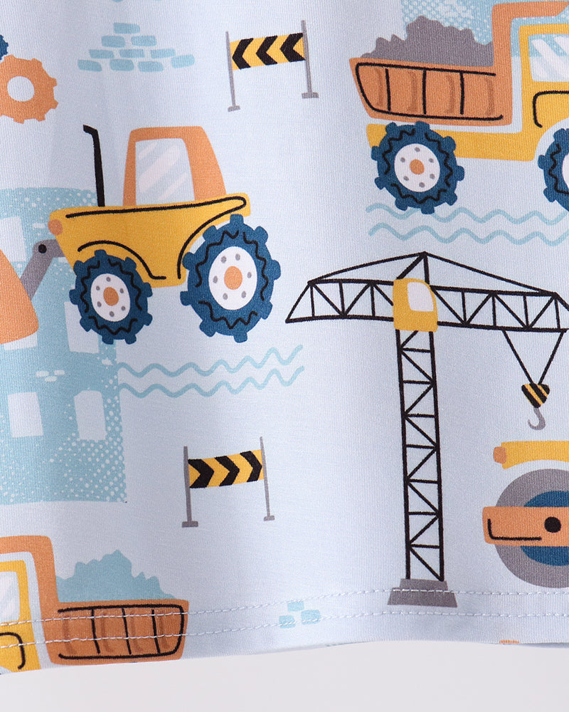Pajama top fabric panel with construction icons, blue and orange truck and crane prints