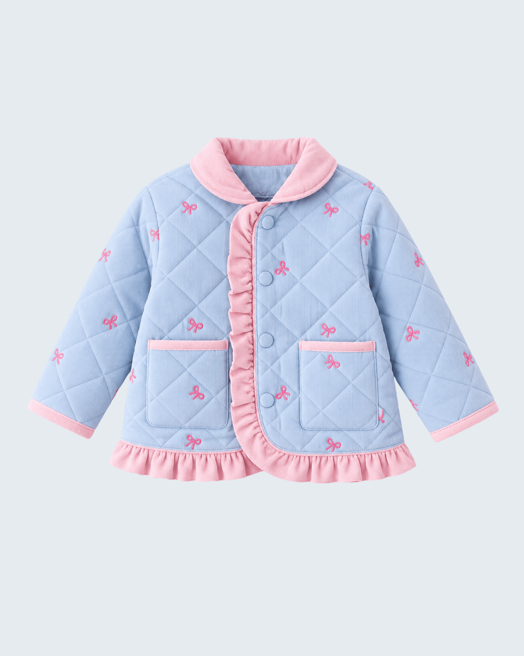 Blue Corduroy Bow Embroidered Ruffle Jacket