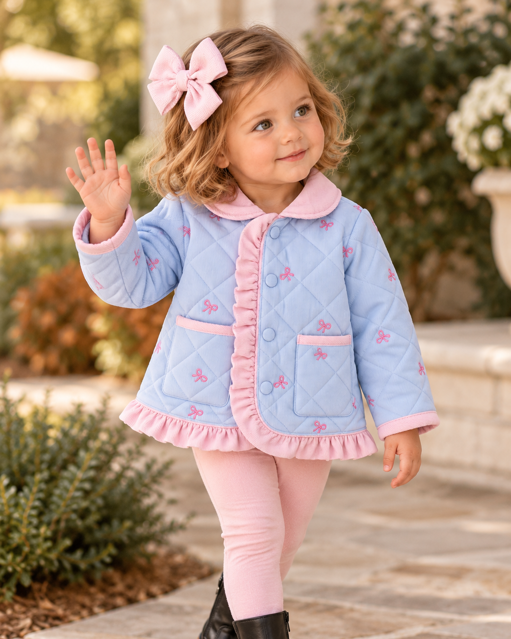 Toddler girl is wearing a Blue Corduroy Bow Embroidered Ruffle Jacket