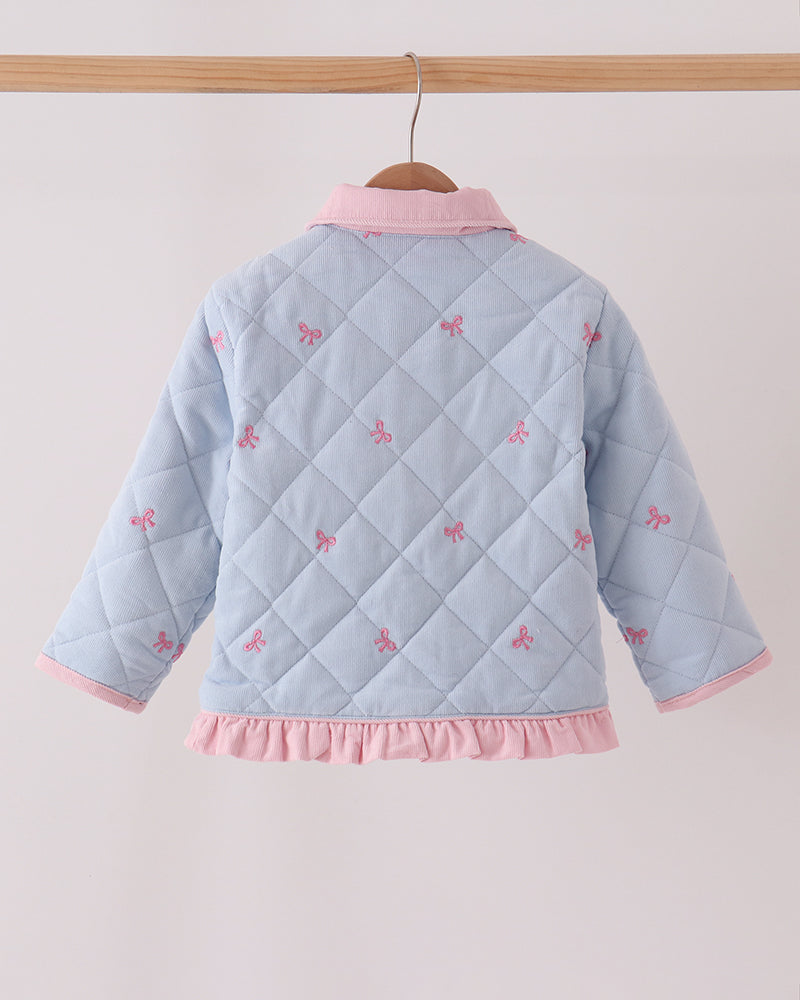 Light blue quilted jacket back with pink collar ruffle and allover pink bow embroidery