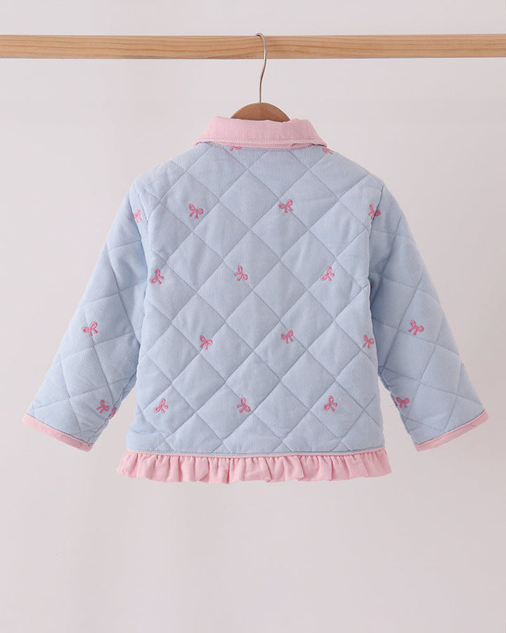 Light blue quilted jacket back with pink collar ruffle and allover pink bow embroidery