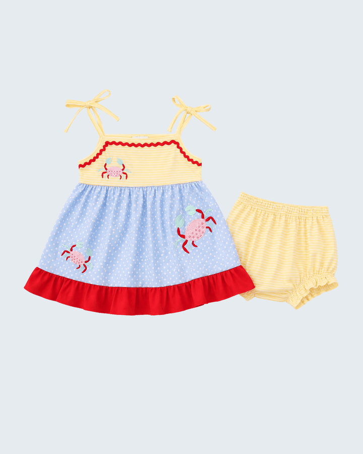 Blue Crab Appliqué Bloomer Set on light grey background