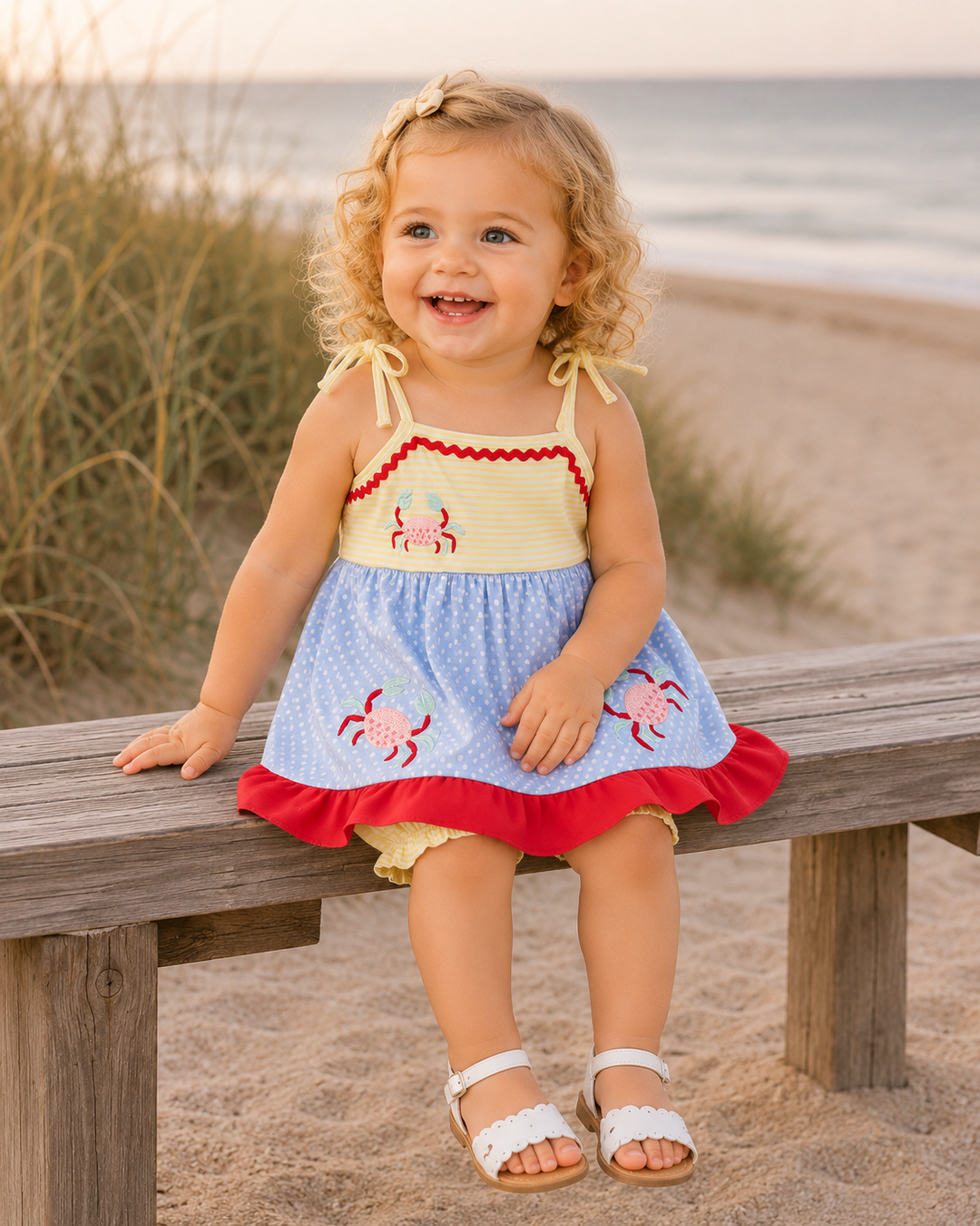 Toddler sitting on a wooden bench on the beach