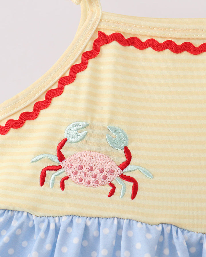 Blue and yellow dress with crab embroidery