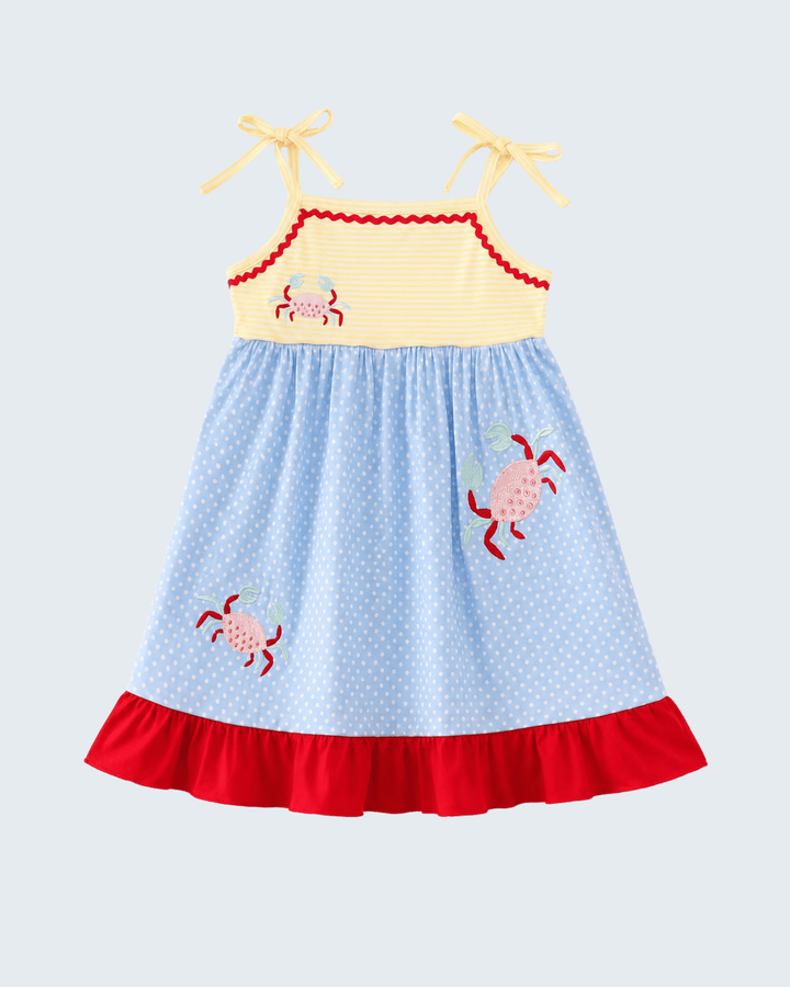 Blue Crab Applique Dress for girls on light grey background