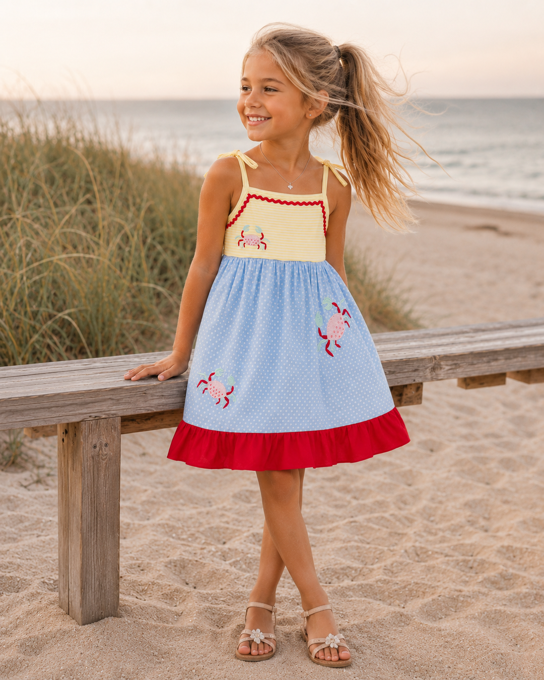 Young girl standing by a bench at the ocean