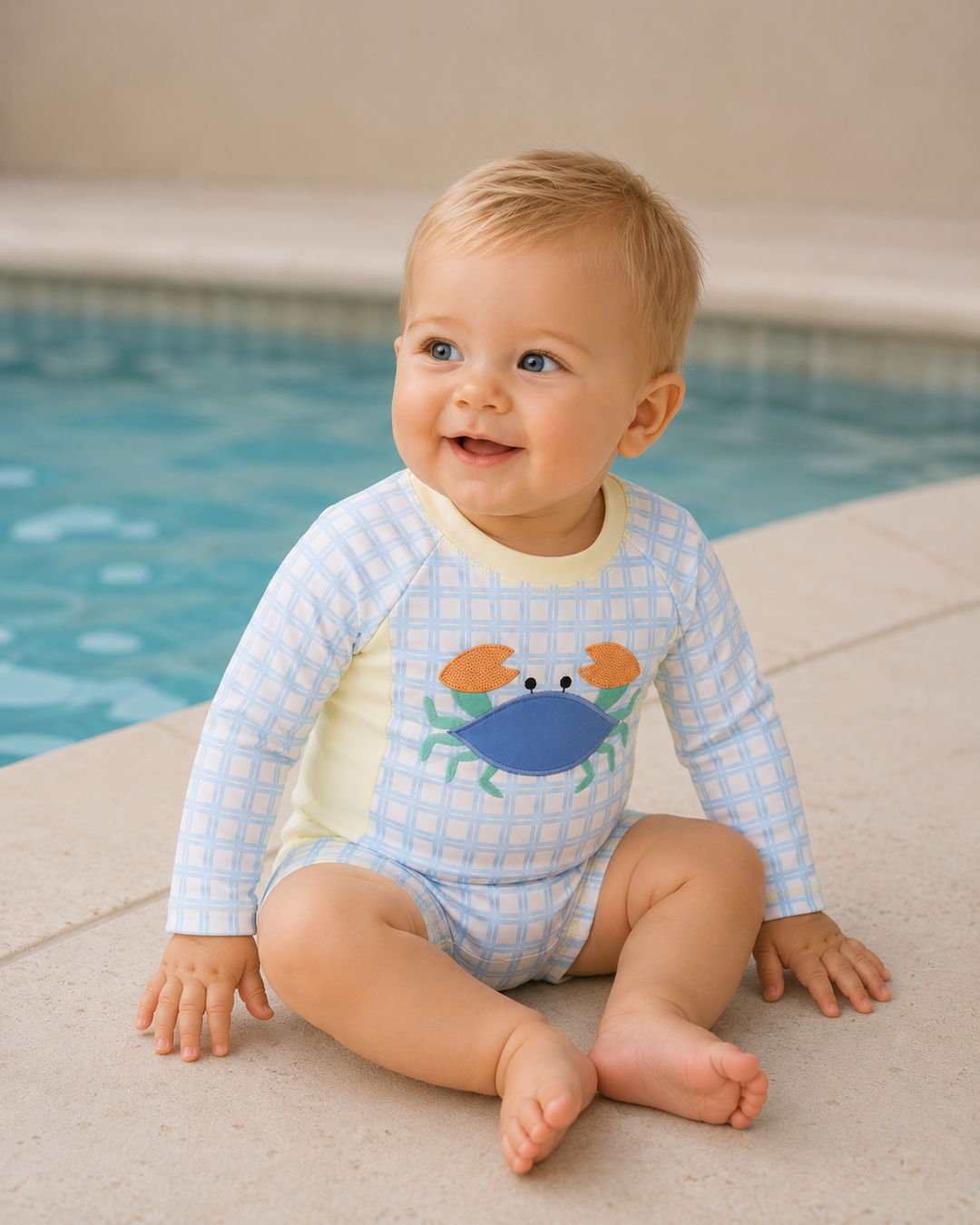 Baby wearing a blue checkered swimsuit with a crab design by a pool.