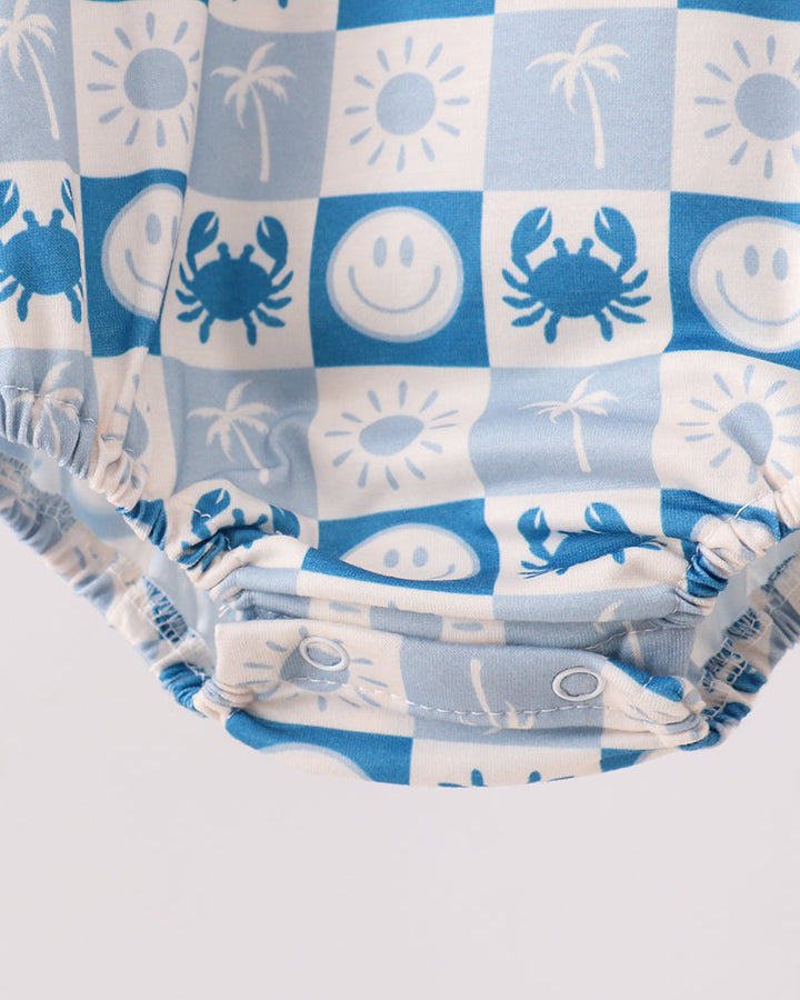 Blue and white checkered baby bubble romper with ocean animal print, gathered legs