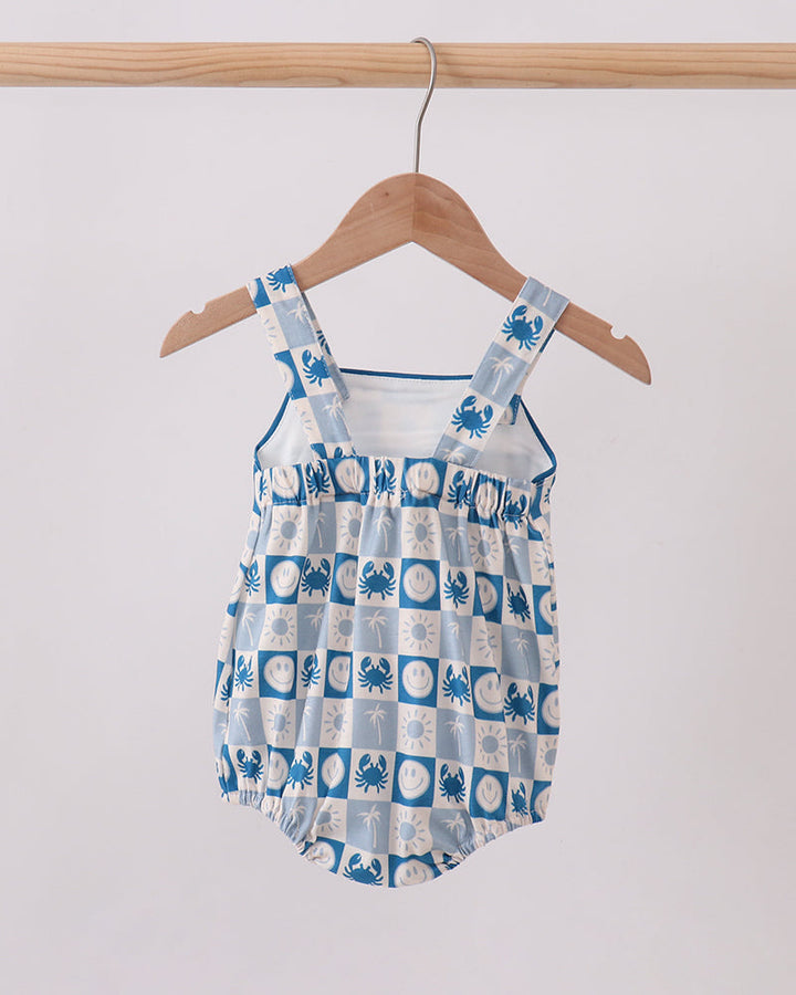 Blue and white checkered baby bubble romper with crab-themed pattern and ruffle straps
