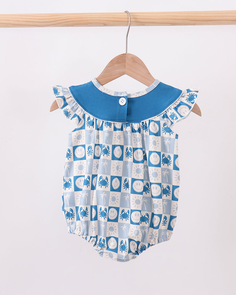 Blue-and-white checkered bubble romper with ruffled collar and embroidered crab
