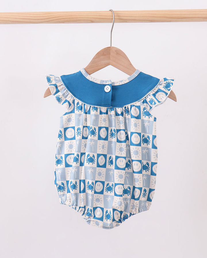 Blue-and-white checkered bubble romper with ruffled collar and embroidered crab