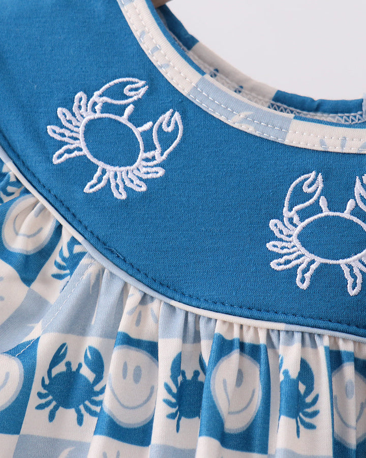 Blue crab embroidered checkered ruffle set with blue collar and printed skirt