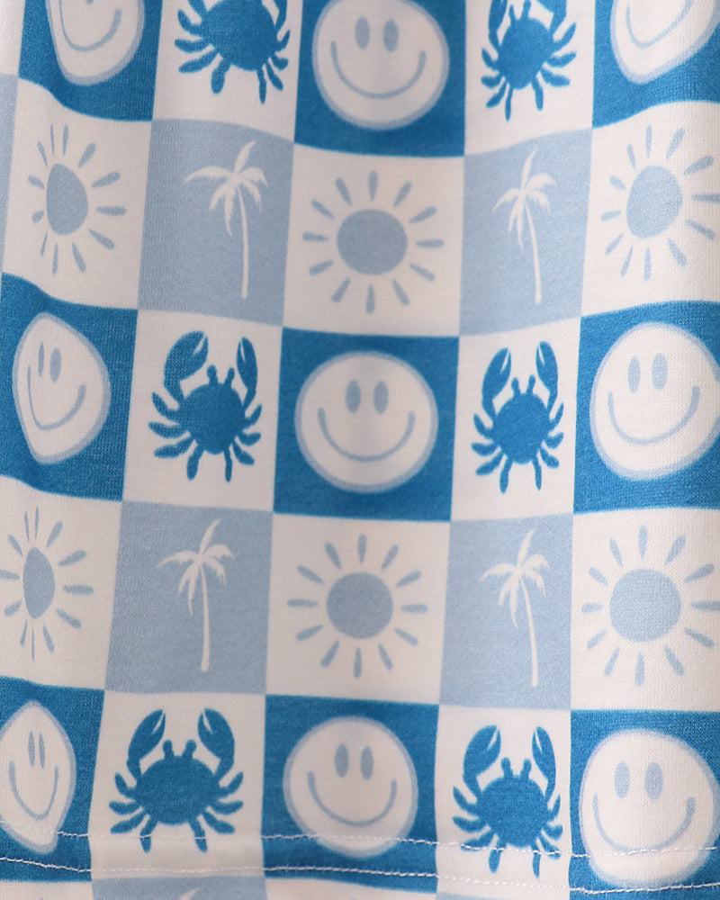 Checkered light-blue and white fabric with crab and shell icons
