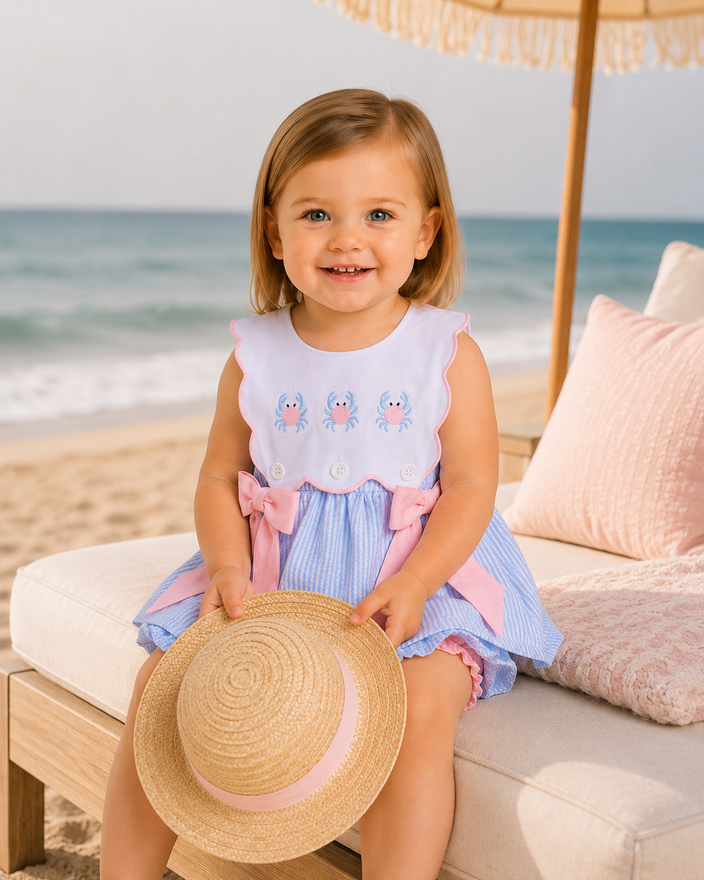 Toddler girl sitting on a beach stair on the beach
