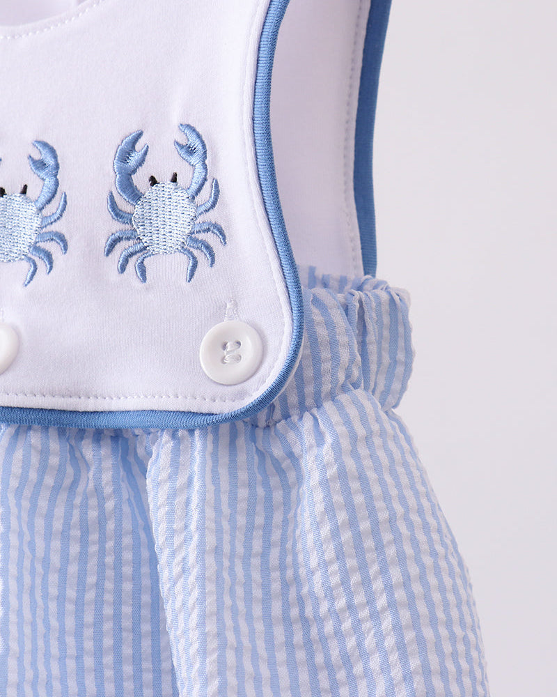 Seersucker romper with crab embrodery