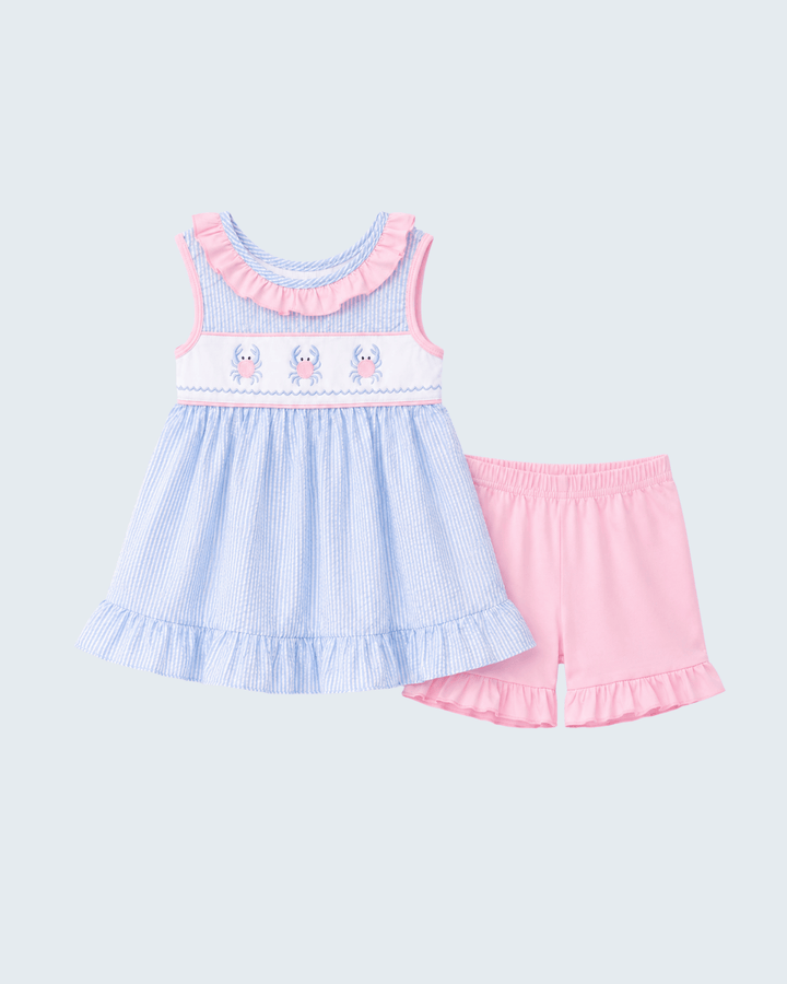 Blue Crab Embroidered Seersucker Ruffle Shorts Set on light grey background