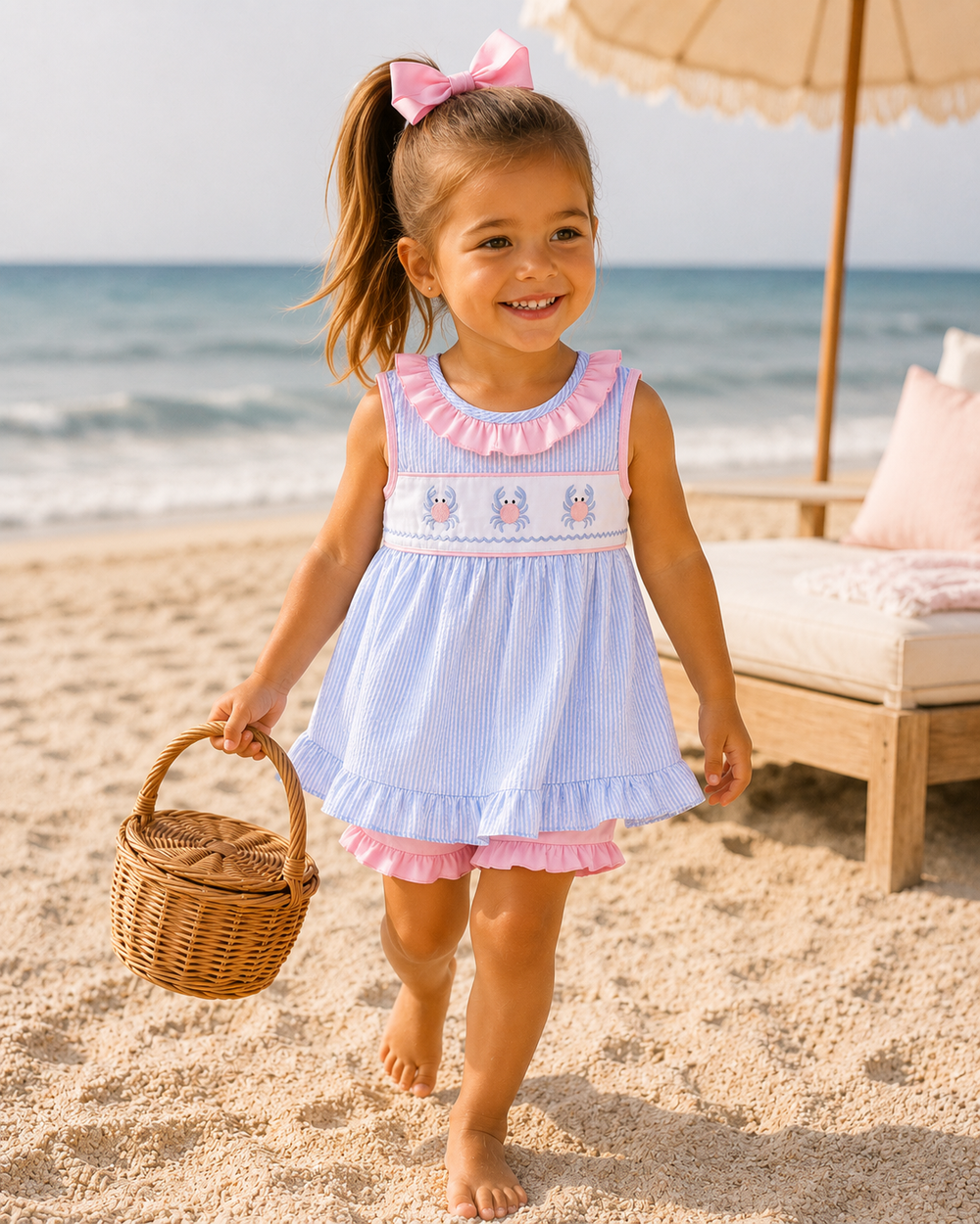 Young girl walking on the beach with a wicker backet