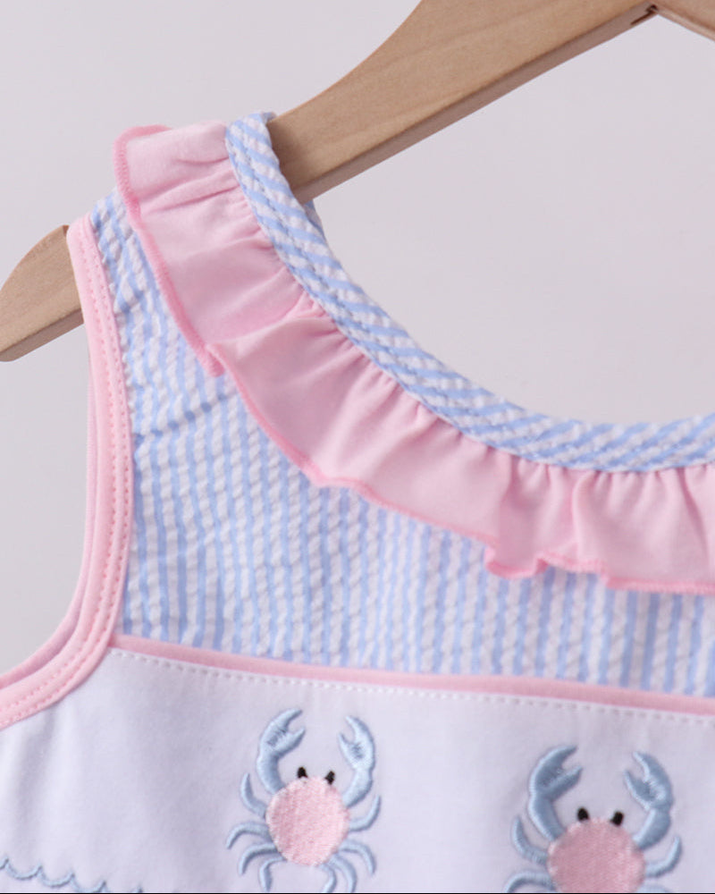 Blue Crab Embroidered Seersucker Ruffle Top
