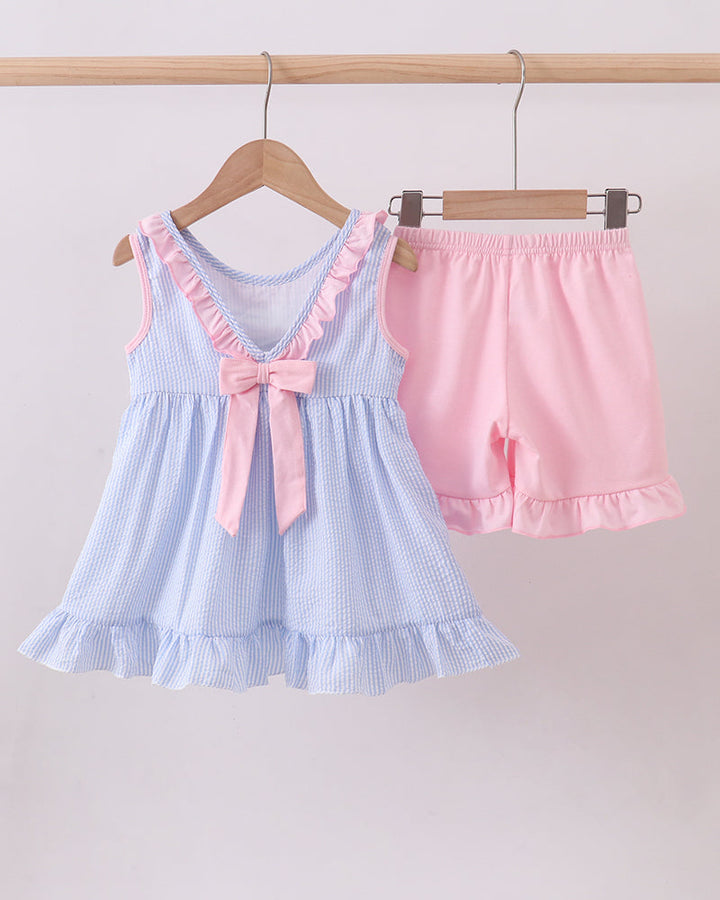 Blue Crab Embroidered Seersucker Ruffle Shorts Set on wooden hanger