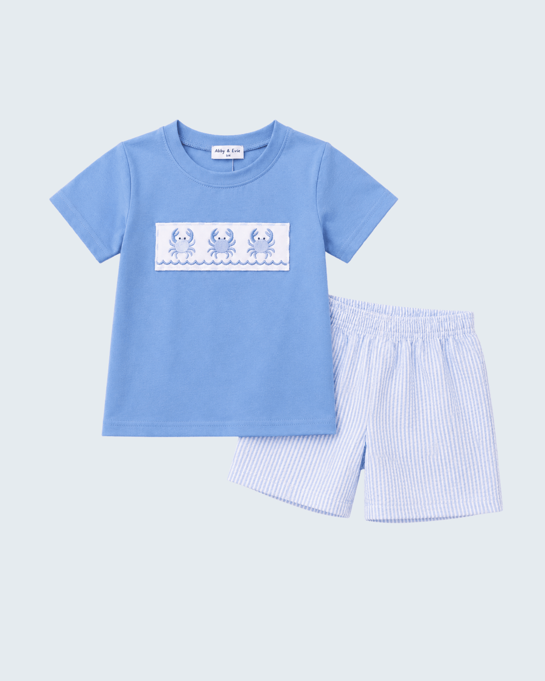 Blue Crab Embroidered Seersucker Shorts Set on light grey background